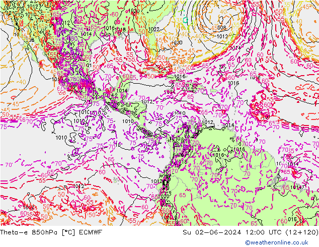 Theta-e 850гПа ECMWF Вс 02.06.2024 12 UTC