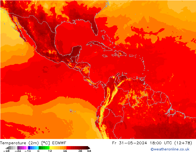 Temperatura (2m) ECMWF vie 31.05.2024 18 UTC