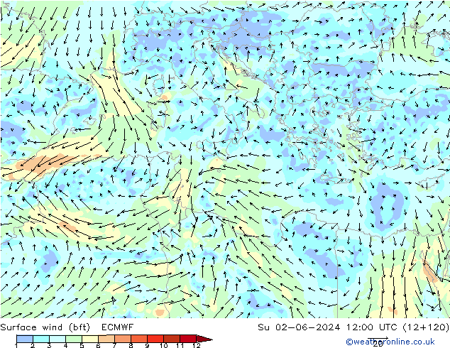  10 m (bft) ECMWF  02.06.2024 12 UTC