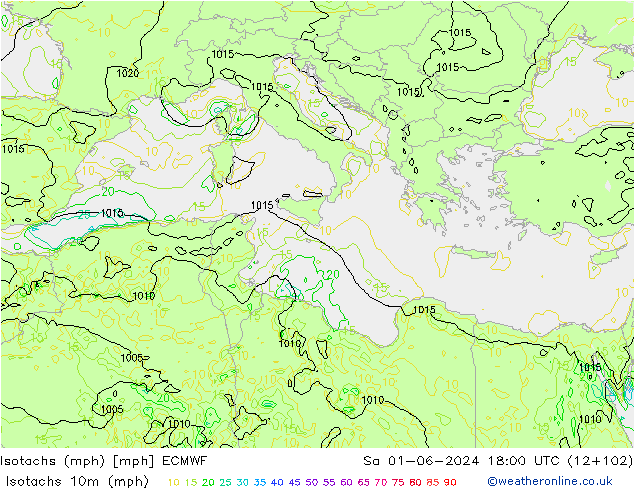 Isotachs (mph) ECMWF сб 01.06.2024 18 UTC