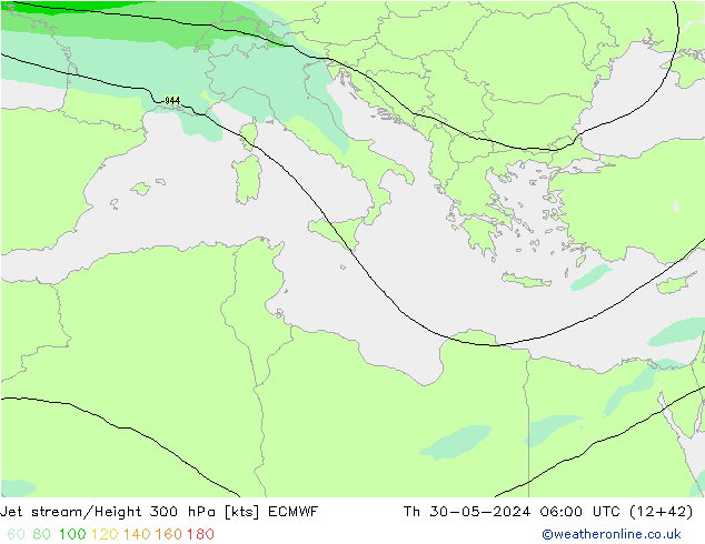 Jet stream/Height 300 hPa ECMWF Čt 30.05.2024 06 UTC