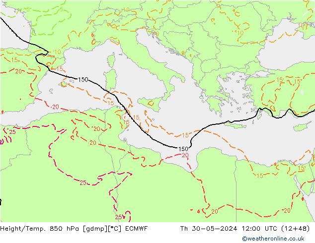 Z500/Rain (+SLP)/Z850 ECMWF Čt 30.05.2024 12 UTC