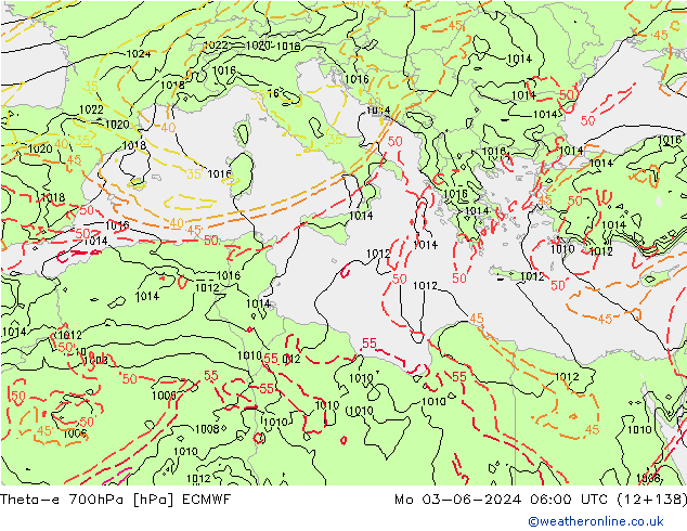 Theta-e 700hPa ECMWF Po 03.06.2024 06 UTC