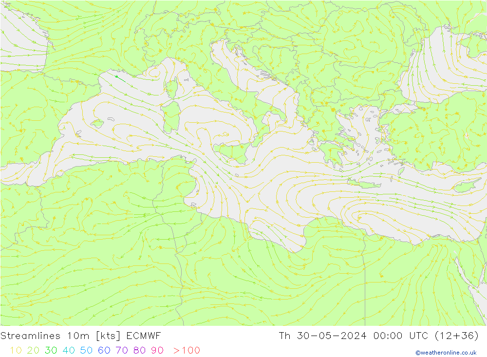 Streamlines 10m ECMWF Čt 30.05.2024 00 UTC