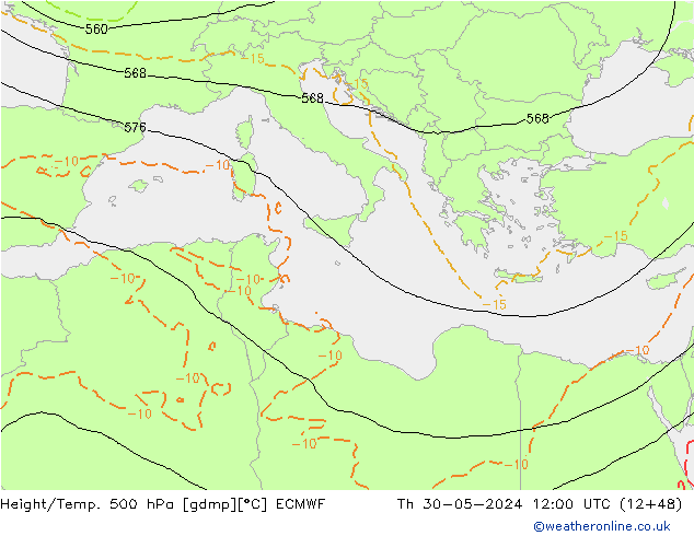 Z500/Rain (+SLP)/Z850 ECMWF Čt 30.05.2024 12 UTC