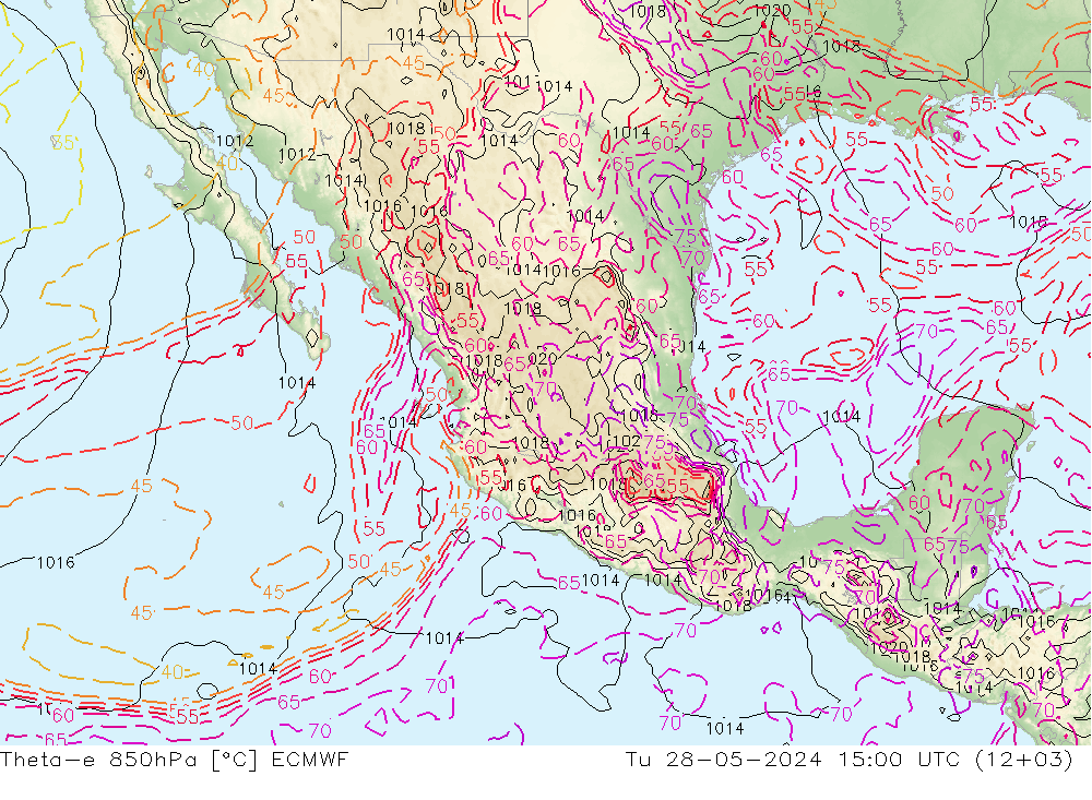 Theta-e 850hPa ECMWF mar 28.05.2024 15 UTC