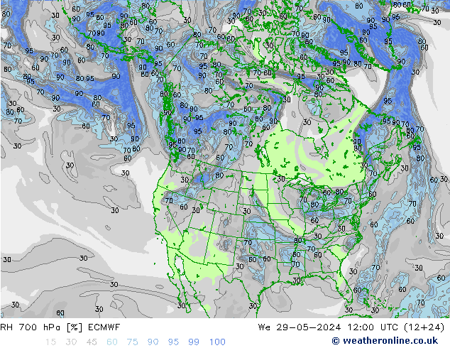 RH 700 hPa ECMWF Qua 29.05.2024 12 UTC