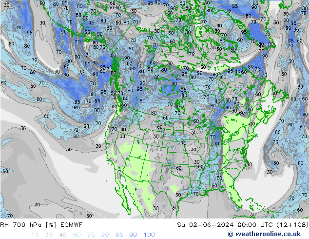 RH 700 гПа ECMWF Вс 02.06.2024 00 UTC