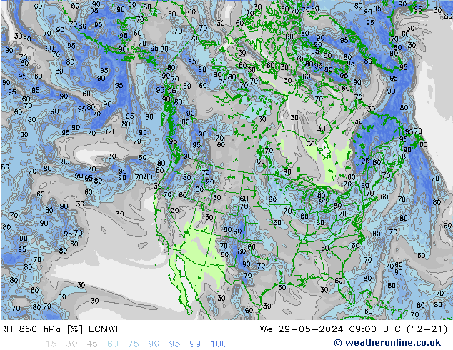 RH 850 hPa ECMWF śro. 29.05.2024 09 UTC