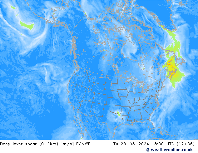 Deep layer shear (0-1km) ECMWF  28.05.2024 18 UTC