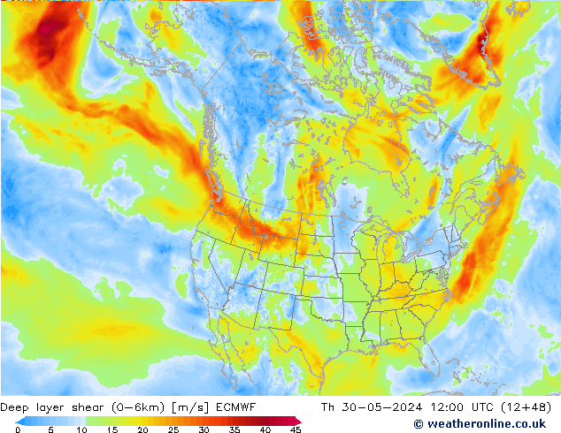 Deep layer shear (0-6km) ECMWF Do 30.05.2024 12 UTC