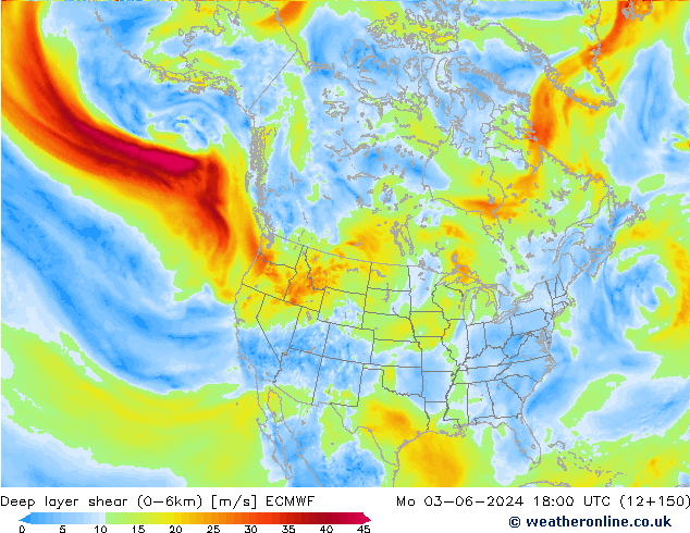 Deep layer shear (0-6km) ECMWF Seg 03.06.2024 18 UTC