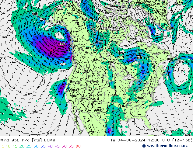 wiatr 950 hPa ECMWF wto. 04.06.2024 12 UTC