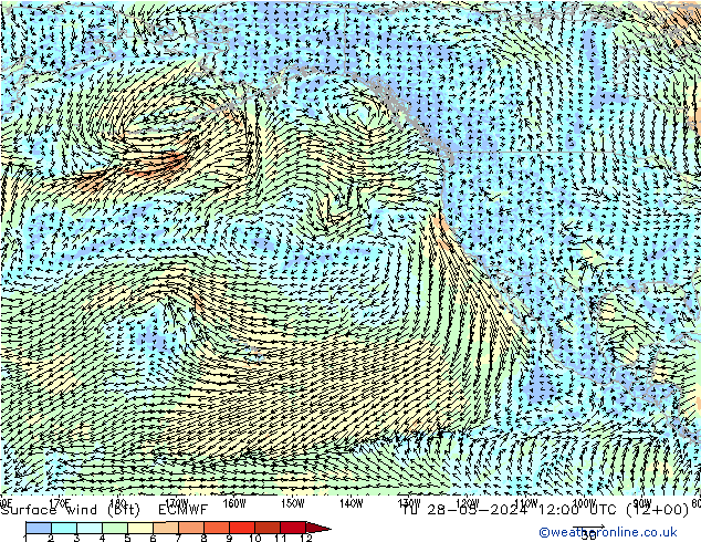 Viento 10 m (bft) ECMWF mar 28.05.2024 12 UTC