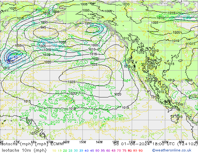 Isotaca (mph) ECMWF sáb 01.06.2024 18 UTC