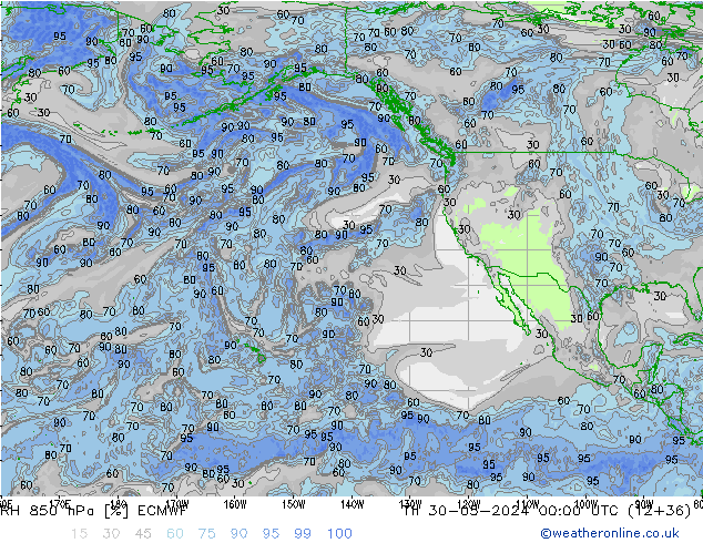 RH 850 hPa ECMWF Qui 30.05.2024 00 UTC