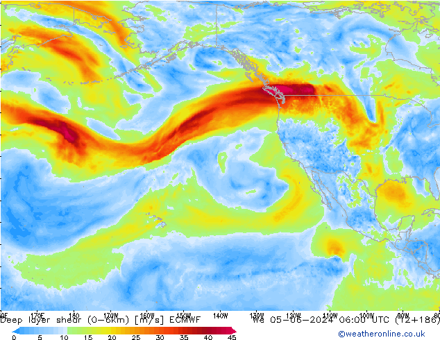 Deep layer shear (0-6km) ECMWF St 05.06.2024 06 UTC