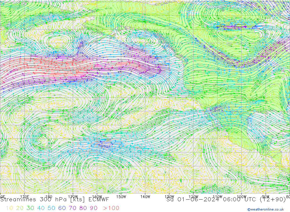 Streamlines 300 hPa ECMWF Sa 01.06.2024 06 UTC