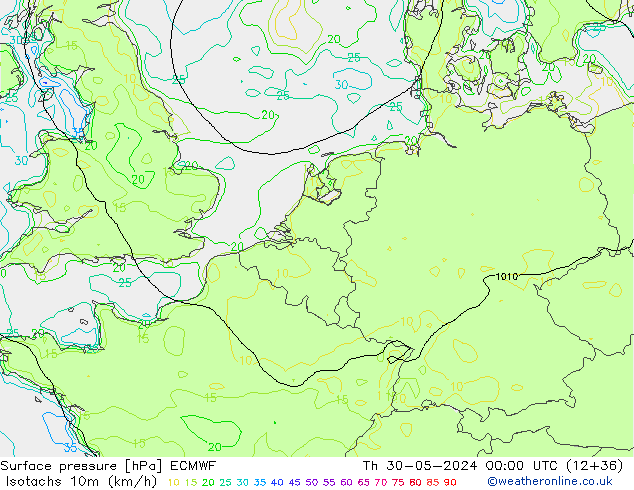 Isotachen (km/h) ECMWF do 30.05.2024 00 UTC