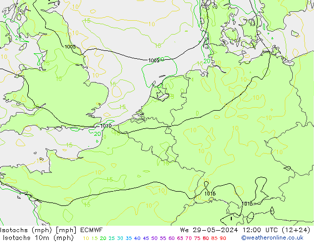 Isotachs (mph) ECMWF Qua 29.05.2024 12 UTC