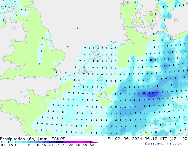 Precipitation (6h) ECMWF Su 02.06.2024 12 UTC