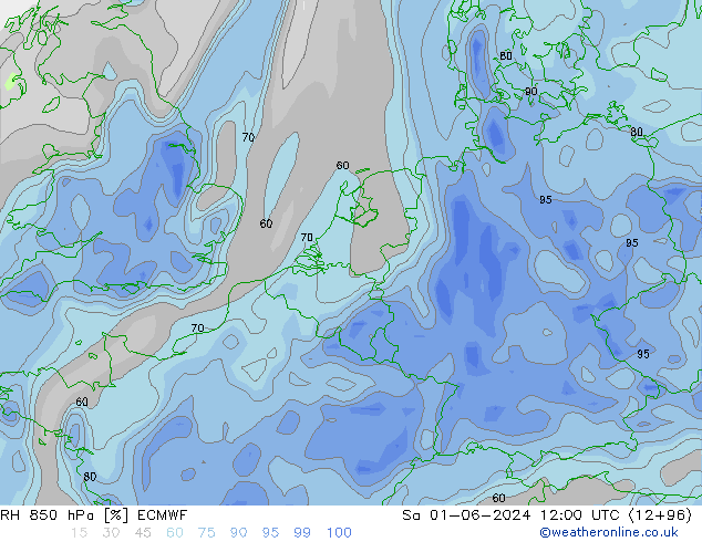 Humidité rel. 850 hPa ECMWF sam 01.06.2024 12 UTC