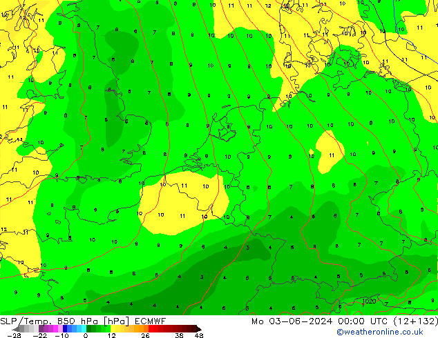 SLP/Temp. 850 hPa ECMWF lun 03.06.2024 00 UTC