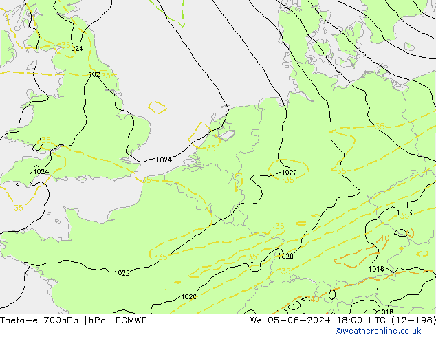 Theta-e 700hPa ECMWF Mi 05.06.2024 18 UTC