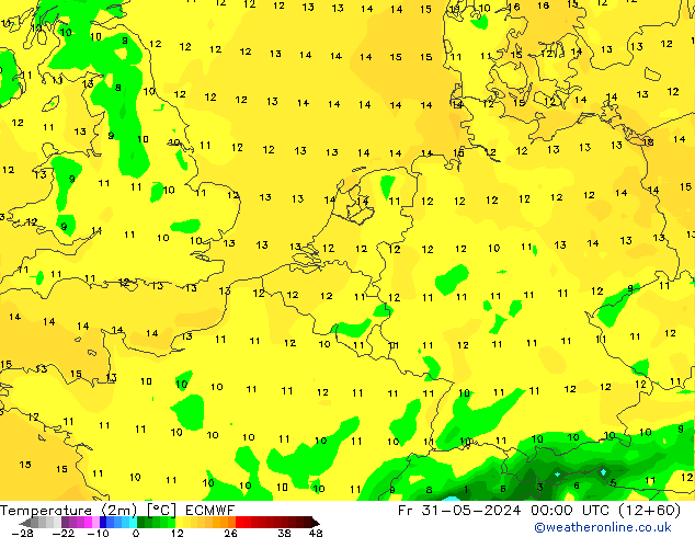 Temperature (2m) ECMWF Pá 31.05.2024 00 UTC