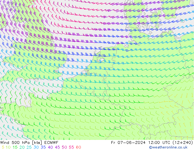 Wind 500 hPa ECMWF Fr 07.06.2024 12 UTC