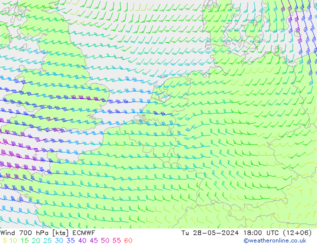 Vento 700 hPa ECMWF mar 28.05.2024 18 UTC