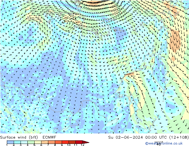 Viento 10 m (bft) ECMWF dom 02.06.2024 00 UTC