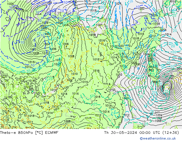 Theta-e 850hPa ECMWF do 30.05.2024 00 UTC