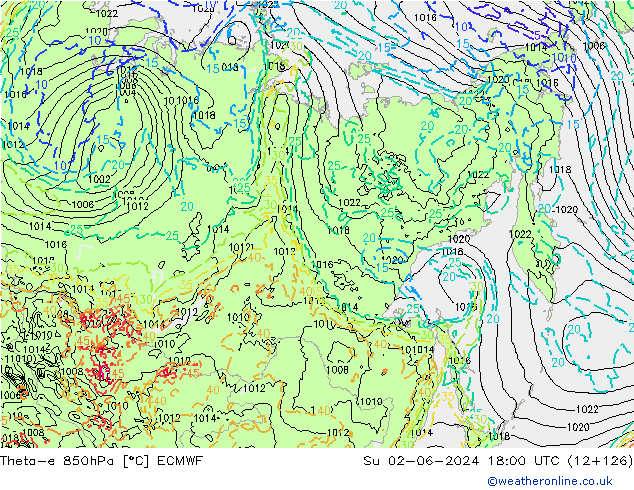 Theta-e 850hPa ECMWF Su 02.06.2024 18 UTC