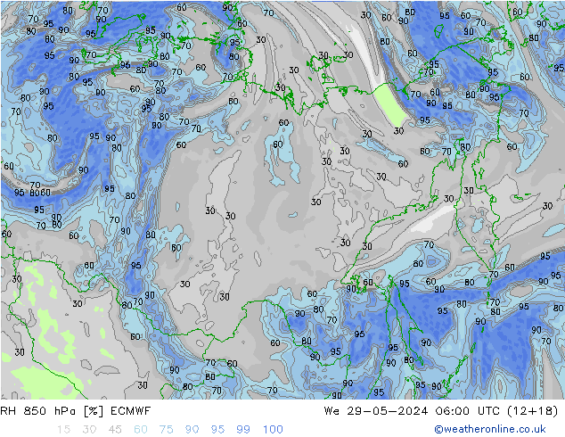 850 hPa Nispi Nem ECMWF Çar 29.05.2024 06 UTC