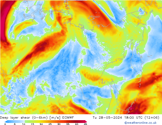 Deep layer shear (0-6km) ECMWF Tu 28.05.2024 18 UTC