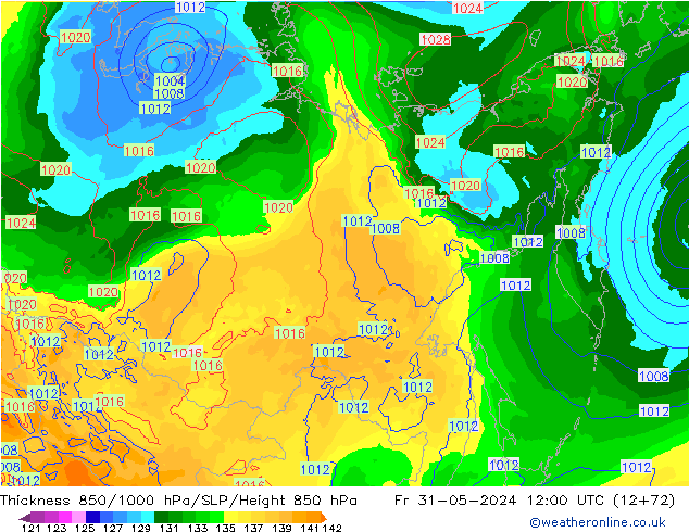 Thck 850-1000 гПа ECMWF пт 31.05.2024 12 UTC