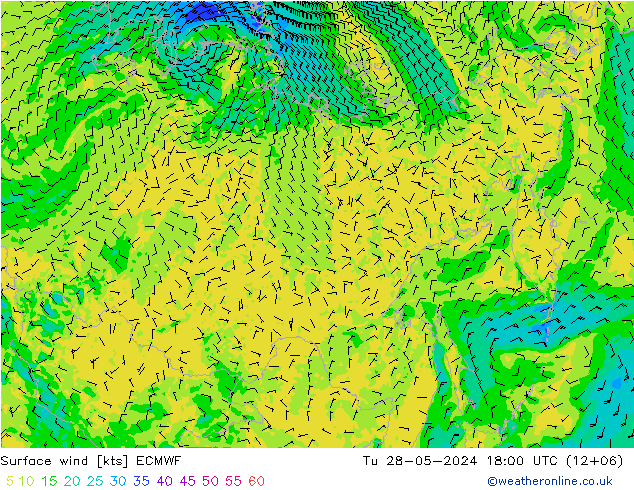 Surface wind ECMWF Út 28.05.2024 18 UTC