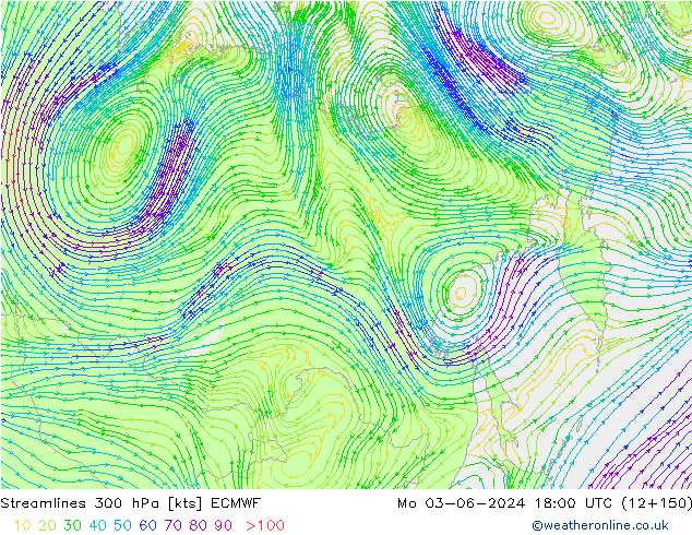 Stroomlijn 300 hPa ECMWF ma 03.06.2024 18 UTC