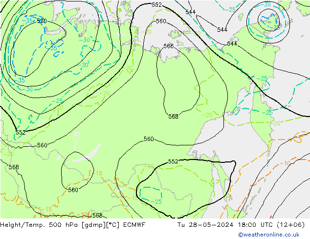 Height/Temp. 500 hPa ECMWF Út 28.05.2024 18 UTC