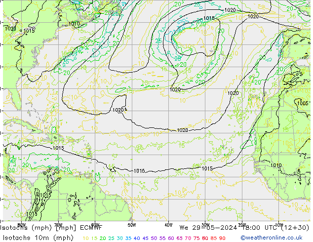 Isotaca (mph) ECMWF mié 29.05.2024 18 UTC