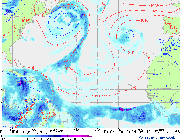 Precipitation (6h) ECMWF Tu 04.06.2024 12 UTC