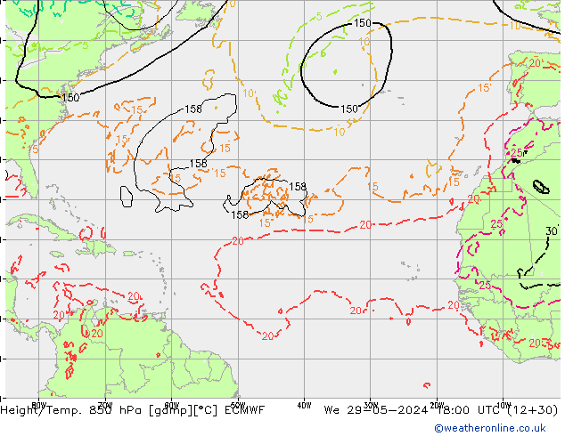 Height/Temp. 850 hPa ECMWF We 29.05.2024 18 UTC