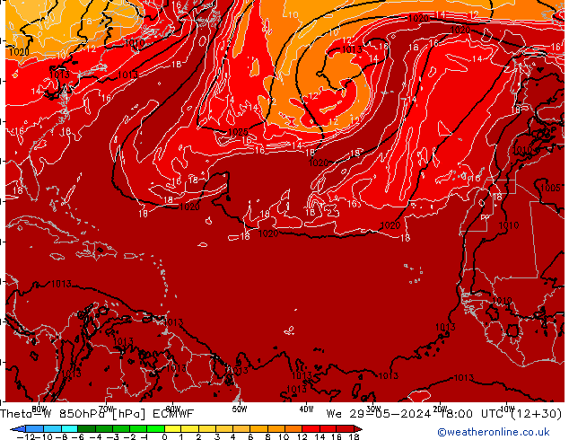 Theta-W 850hPa ECMWF mié 29.05.2024 18 UTC