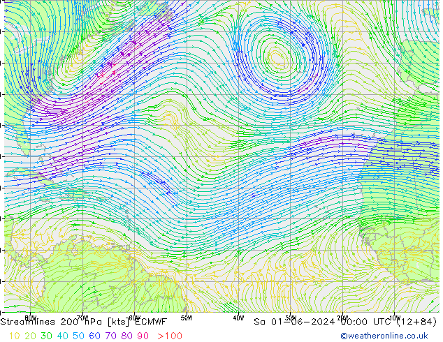 Streamlines 200 hPa ECMWF Sa 01.06.2024 00 UTC