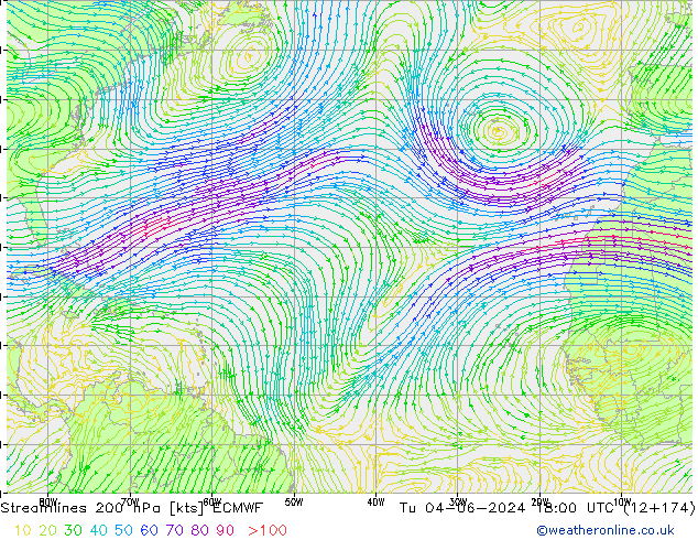 Linia prądu 200 hPa ECMWF wto. 04.06.2024 18 UTC