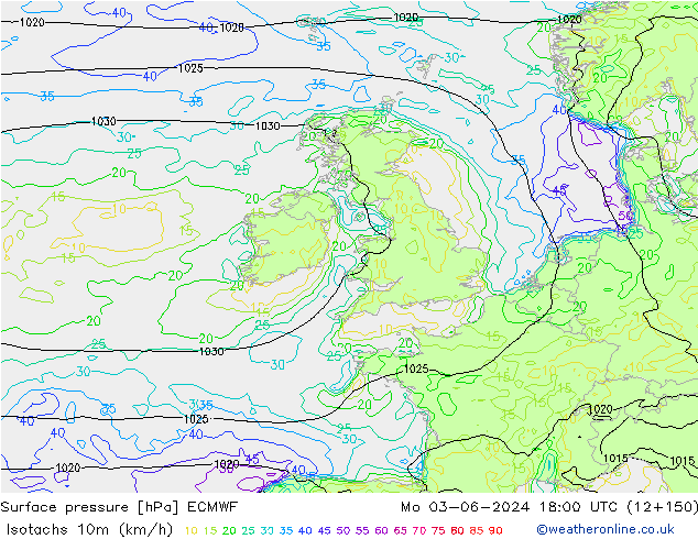 Isotachs (kph) ECMWF Mo 03.06.2024 18 UTC