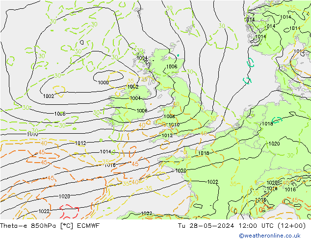 Theta-e 850hPa ECMWF Út 28.05.2024 12 UTC