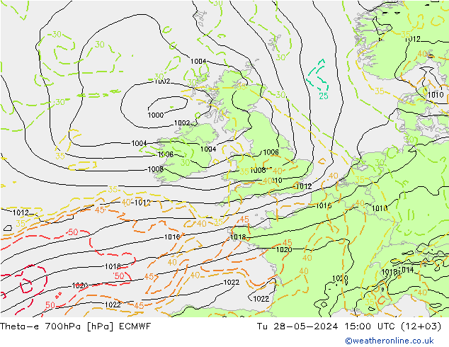 Theta-e 700hPa ECMWF Tu 28.05.2024 15 UTC