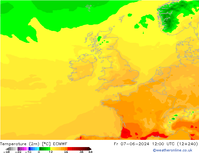 Temperatuurkaart (2m) ECMWF vr 07.06.2024 12 UTC